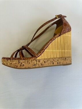 Prada Cognac Brown Genuine Crocodile Strappy Leather Wedge Sandals Size 39